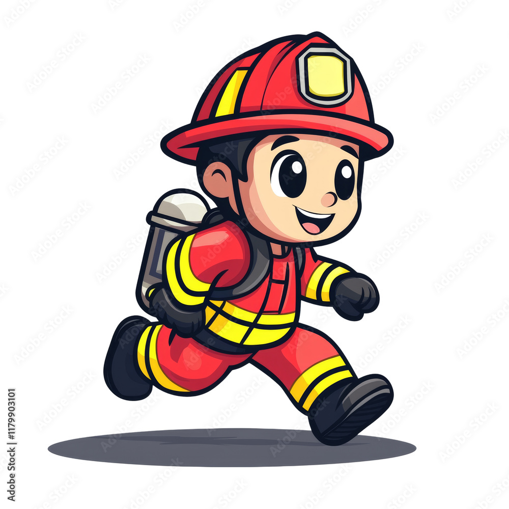 A cartoon illustration of a happy young firefighter running in a red uniform and helmet. A cartoon illustration of a happy young firefighter running in a red uniform and helmet.