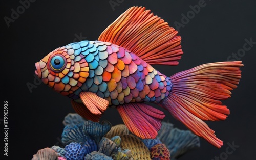 Vibrant fish sculpture with rainbow scales and expressive fins.