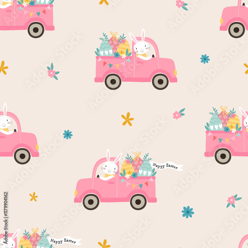 Lovely hand drawn Easter seamless pattern, happy bunny and vehicle, great for textiles, banners, background, wallpaper - vector design