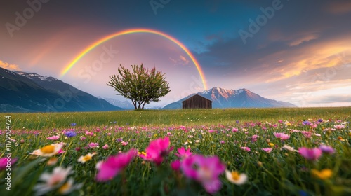 A double rainbow appearing over a field of wildflowers, with the colorful arcs complementing the vibrant hues of the blooms, celebrating the beauty of nature s palette. photo