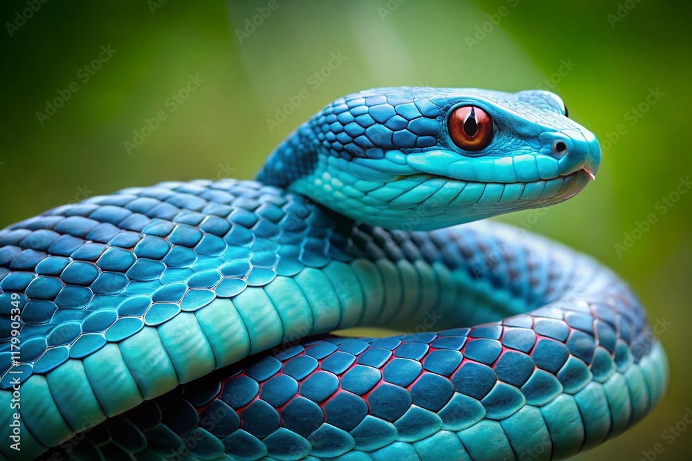 Fototapeta premium Minimalist Blue Viper Snake Photography: Striking Scales & Elegant Pose
