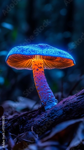 Fantastic glowing mushroom in the forest at night. Psychedelic surreal image.