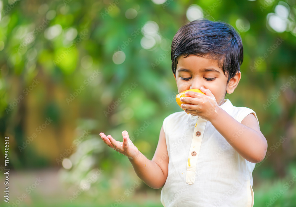 Indian child enjoys fresh mango outdoors in white outfit Indian child enjoys fresh mango outdoors in white outfit