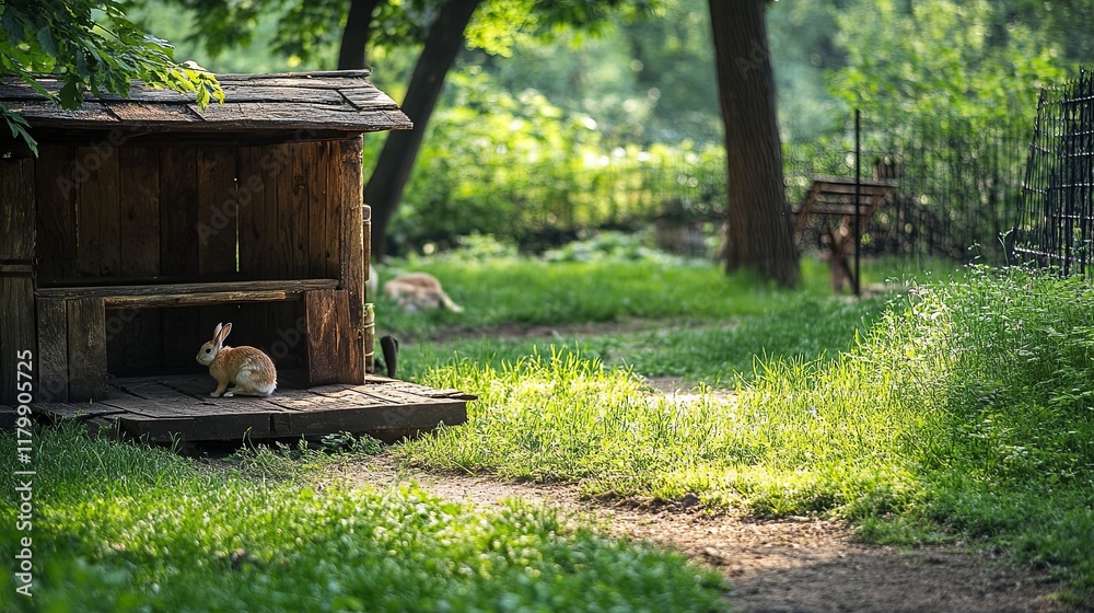 A rustic outdoor rabbit pen with fresh grass and shaded areas A rustic outdoor rabbit pen with fresh grass and shaded areas