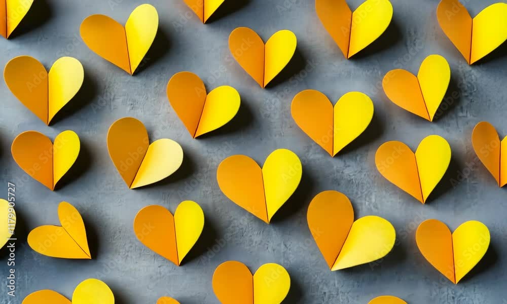 yellow hearts cut out of colored paper on a gray background. Trendy colored valentines day concept.