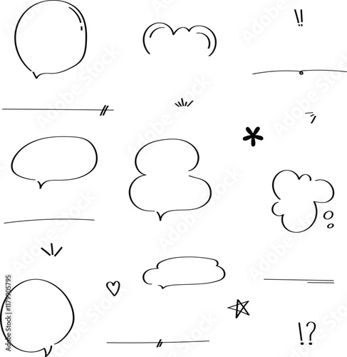 Vector set of black doodle style frame and cute bubble handwriting japan speech