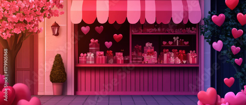 charming Valentine shopfront adorned with pink hearts and gifts