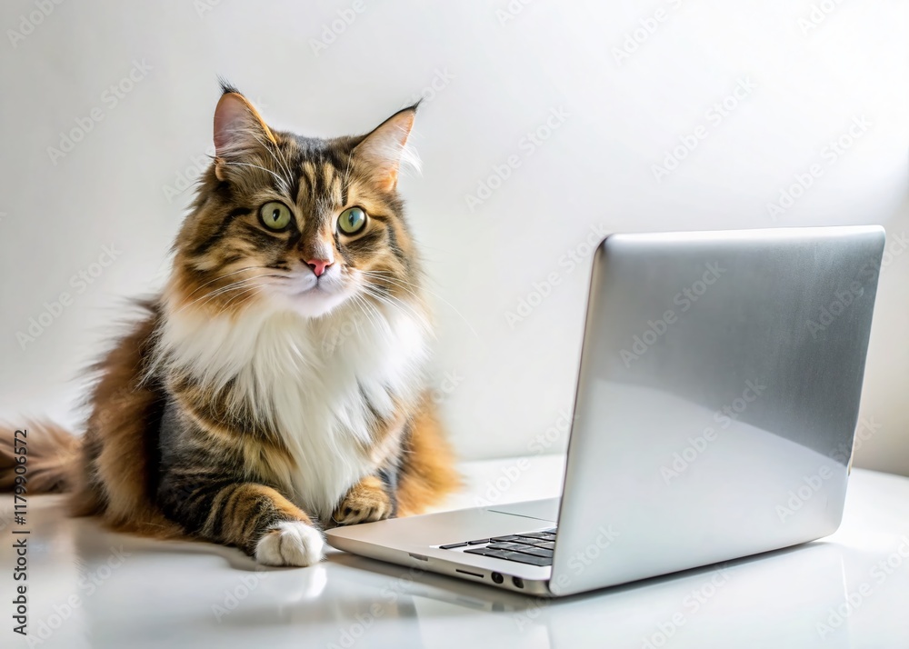 Minimalist Cat Laptop White Background Stock Photo - Cozy Work From Home Minimalist Cat Laptop White Background Stock Photo - Cozy Work From Home