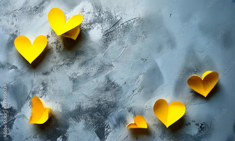 yellow hearts cut out of colored paper on a gray background. Trendy colored valentines day concept.