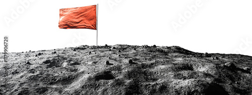 Red Flag on Lunar Landscape with Moon Surface Isolated on transparent background