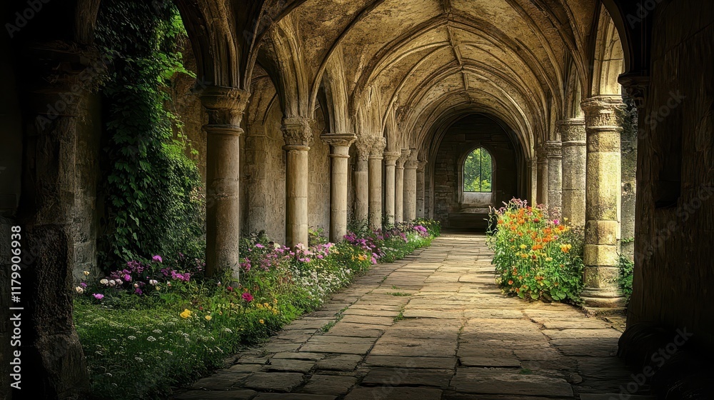 Fototapeta premium An ancient cloister with stone arches covered in ivy a wildflower garden illuminated by soft beams of light