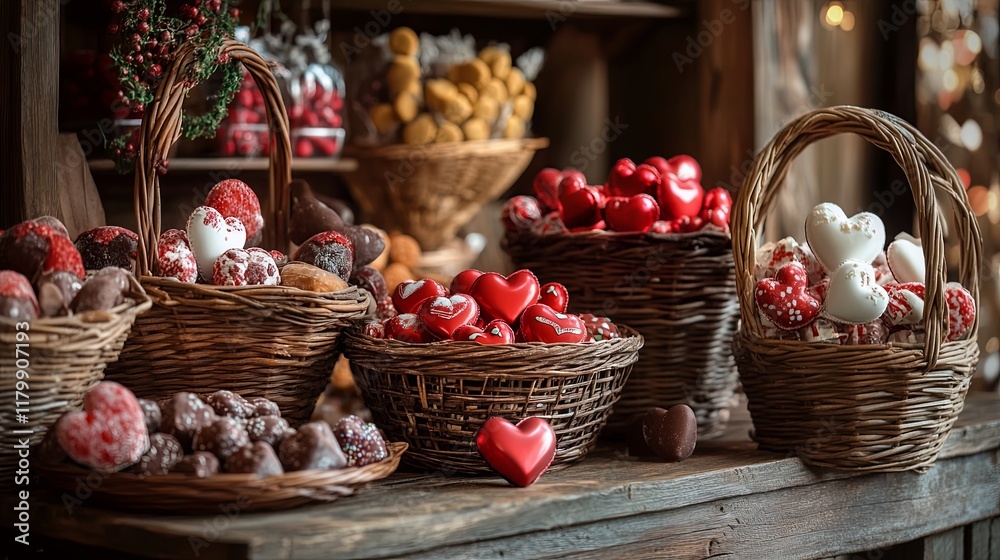 A rustic table filled with baskets of heart-shaped candies and chocolates A rustic table filled with baskets of heart-shaped candies and chocolates