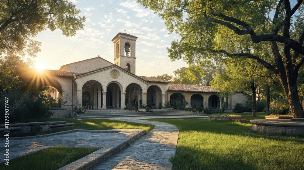 Naklejka premium A Romanesque church with a grand entrance rounded arches a bell tower and warm light casting long shadows on the steps