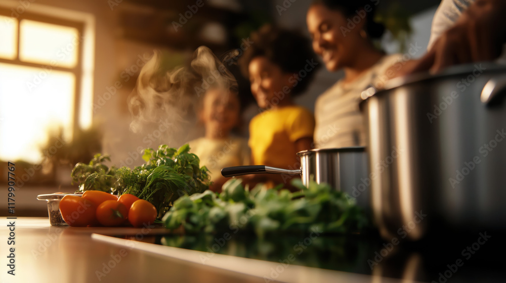 A warm kitchen scene featuring a family cooking together, surrounded by fresh vegetables and steaming pots, capturing a joyful culinary moment. A warm kitchen scene featuring a family cooking together, surrounded by fresh vegetables and steaming pots, capturing a joyful culinary moment.