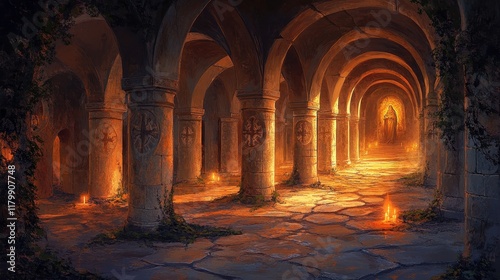 A dimly lit crypt with stone arches and pillars the warm candlelight casting shadows across the carved Christian symbols