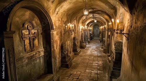 A narrow crypt with rows of stone tombs covered in Christian engravings flickering candlelight casting long shadows across the floor