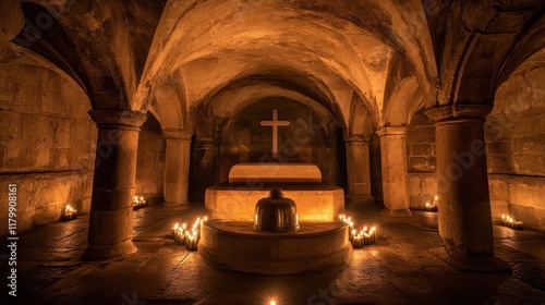 A crypt with rounded arches a large sarcophagus in the center surrounded by flickering candles and Christian symbols