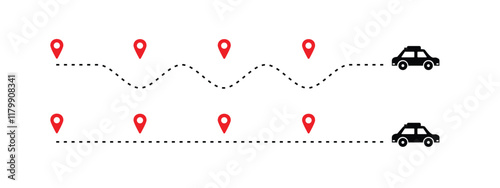 travel timeline dots, car route dotted line with red map pins, transportation route chart