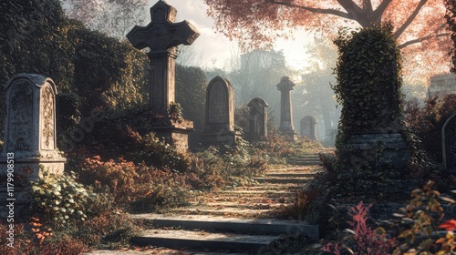 A forgotten cemetery with large stone crosses tombs overgrown with ivy and long shadows cast by the fading sunlight on the graves