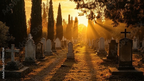 A peaceful cemetery with stone crosses and cypress trees golden light filtering through branches creating a serene glow on the graves