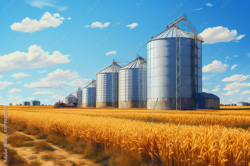 Outstanding Silos in a golden wheat field under a clear blue sky Outstanding Silos in a golden wheat field under a clear blue sky