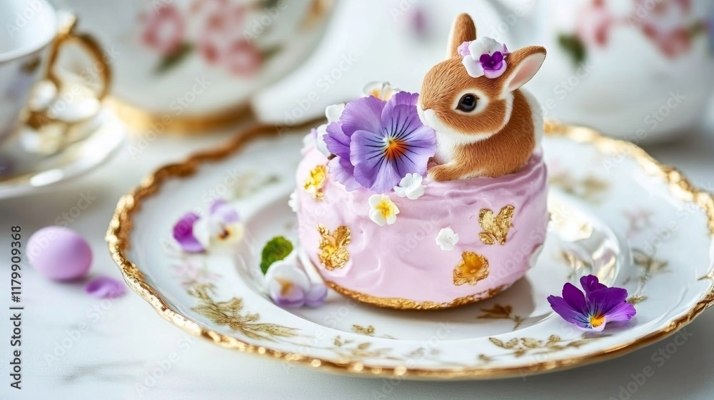 Delightful Easter cake shaped like a rabbit adorned with icing and flowers on a beautiful china plate Delightful Easter cake shaped like a rabbit adorned with icing and flowers on a beautiful china plate