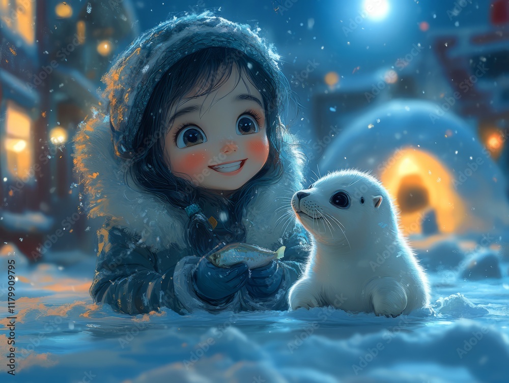 Obraz premium small cute Eskimo girl, she feeds a small baby seal with a fish