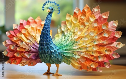 An intricate origami peacock with a fully fanned tail, made of rainbow-colored paper. photo