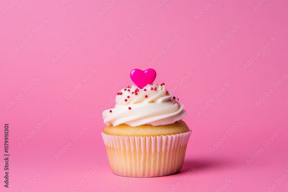 Vanilla cupcake with heart-shaped decoration and sprinkles on pink background Vanilla cupcake with heart-shaped decoration and sprinkles on pink background