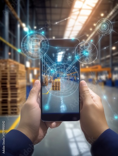 Warehouse worker using augmented reality app on smartphone to manage inventory