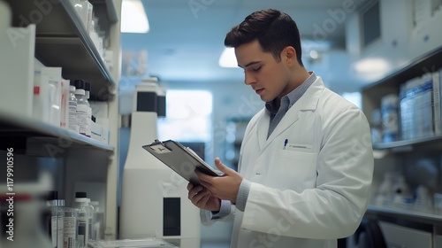 Wallpaper Mural Young male researcher in a laboratory wearing a white coat, taking notes on a clipboard while examining chemical samples and equipment for analysis and research purposes. Torontodigital.ca