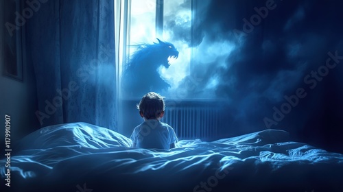Child sitting on bed gazes out window at shadowy monster in a dimly lit room at night. Little child is afraid of a monster at night