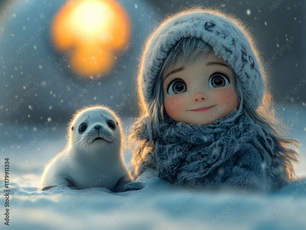 Obraz premium small cute Eskimo girl, she feeds a small baby seal with a fish