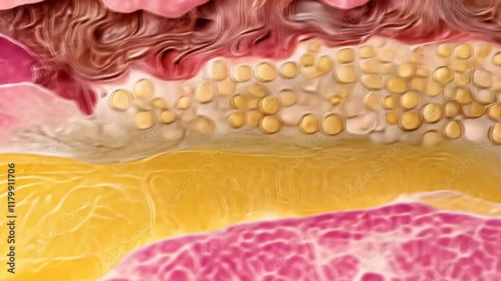 This detailed artistic illustration showcases the complex layers of human skin with visible cells and tissues. The vivid colors enhance understanding of dermatological anatomy.