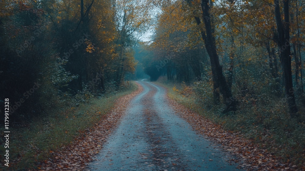 Fototapeta premium Countryside road through the wood in autumn