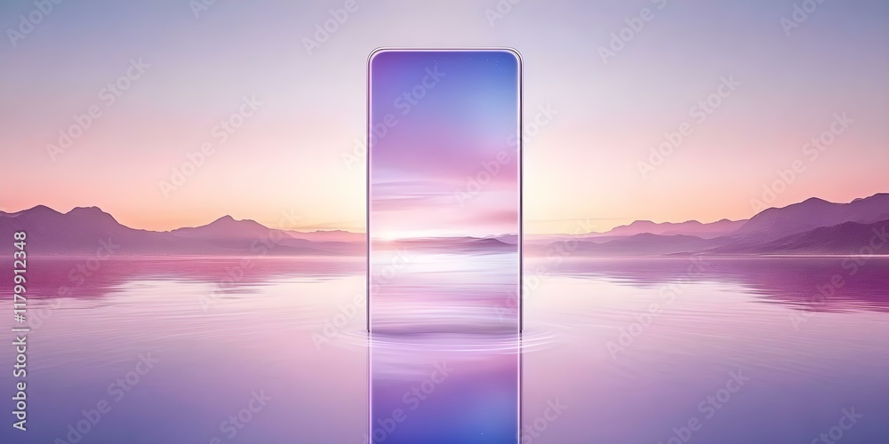 Fototapeta premium A sleek smartphone stands upright in a serene lake, reflecting a beautiful sunset with mountains in the background. Concept Smartphone Photography, Nature Reflections, Sunset Landscape