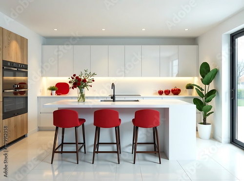 A modern kitchen with white cabinets, a white countertop, and a white tile floor. Four red chairs are positioned around a white kitchen island new image