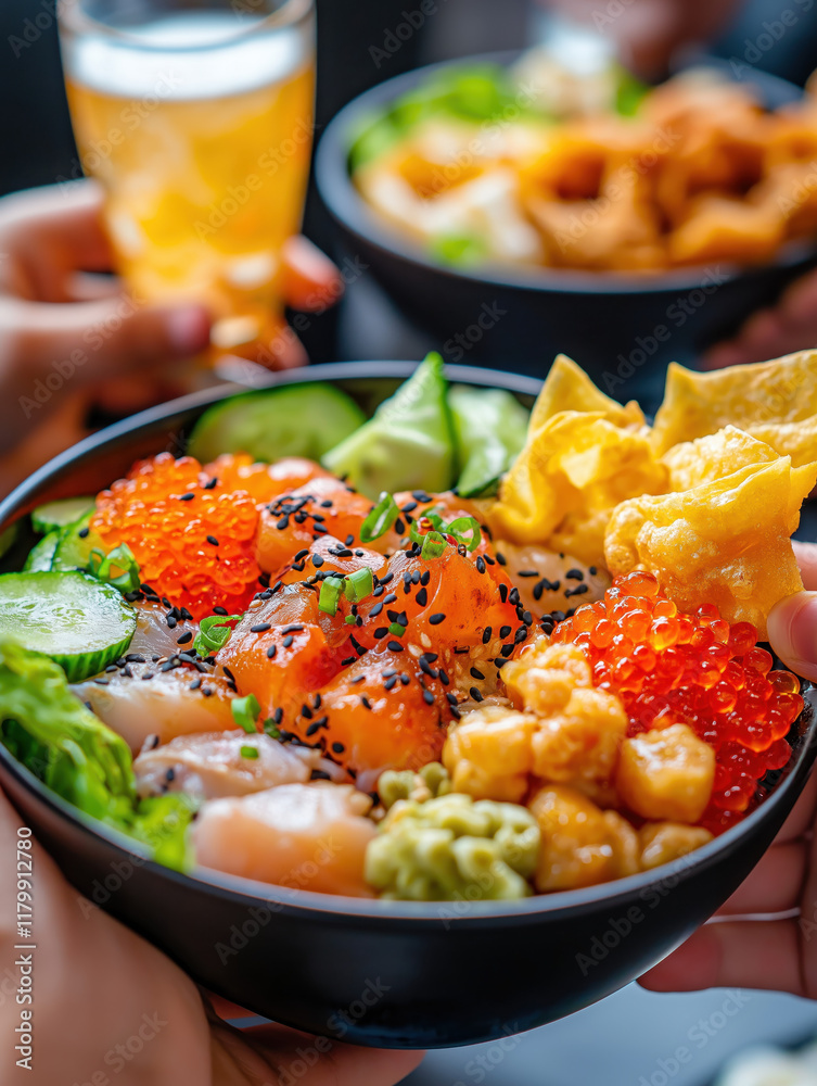 A vibrant bowl of sushi with colorful toppings, fresh vegetables, and crunchy elements, enjoyed alongside drinks in a lively setting. A vibrant bowl of sushi with colorful toppings, fresh vegetables, and crunchy elements, enjoyed alongside drinks in a lively setting.