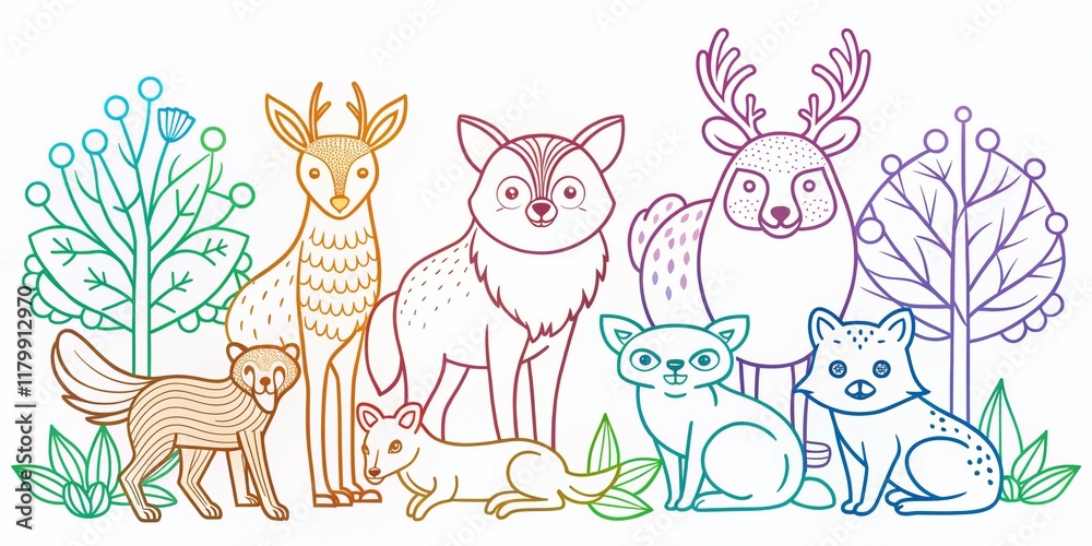 Naklejka premium Minimalist Forest Animals Coloring Pages: Simple Line Art Designs for Kids