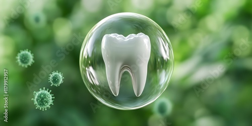 A stylized tooth inside a bubble, surrounded by floating virus-like spheres, against a green blurred background. Concept Stylized Tooth Design, Dental Health Concept, Virus Representation