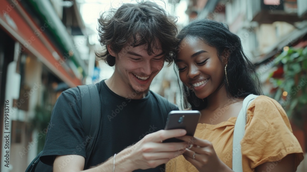 Happy multiracial couple or friends in Bangkok checking on the phone Happy multiracial couple or friends in Bangkok checking on the phone