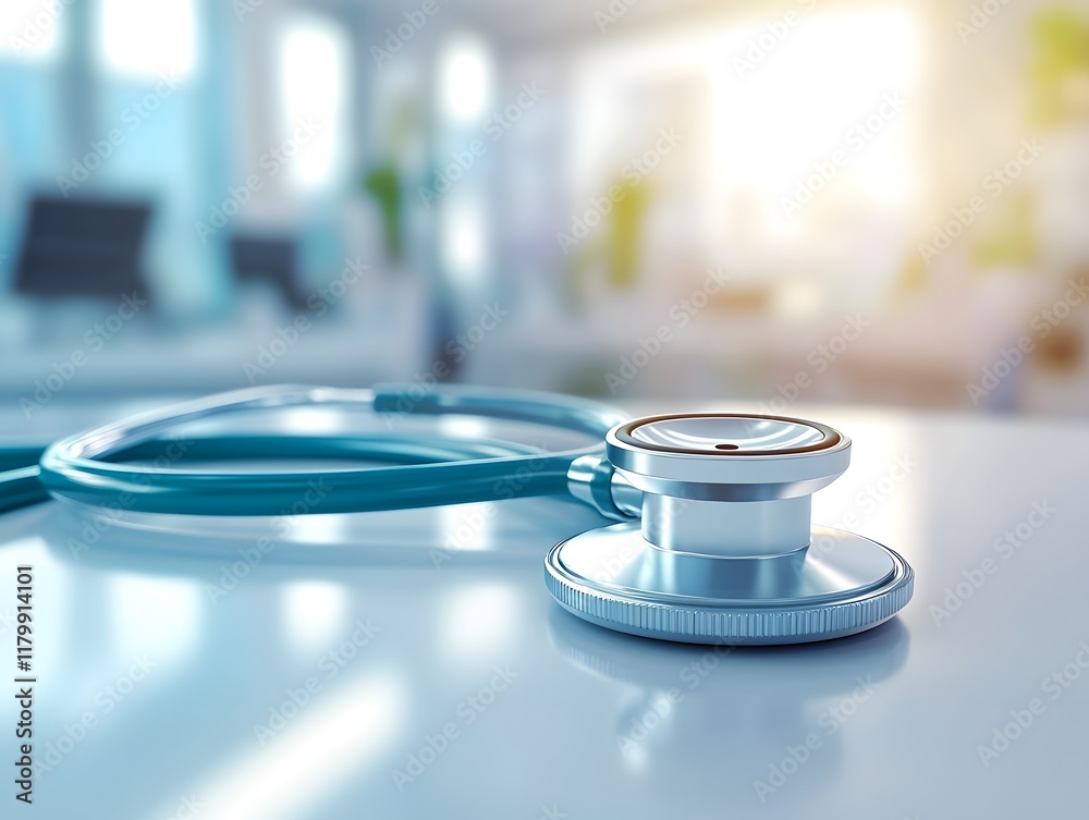 Close-Up of a Medical Stethoscope on a Bright Medical Office Table with a Blurred Background Representing Healthcare and Professionalism Close-Up of a Medical Stethoscope on a Bright Medical Office Table with a Blurred Background Representing Healthcare and Professionalism