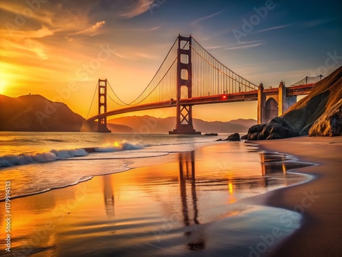 Minimalist Golden Gate Bridge Sunset Beach Landscape - California Coastal Scene photo