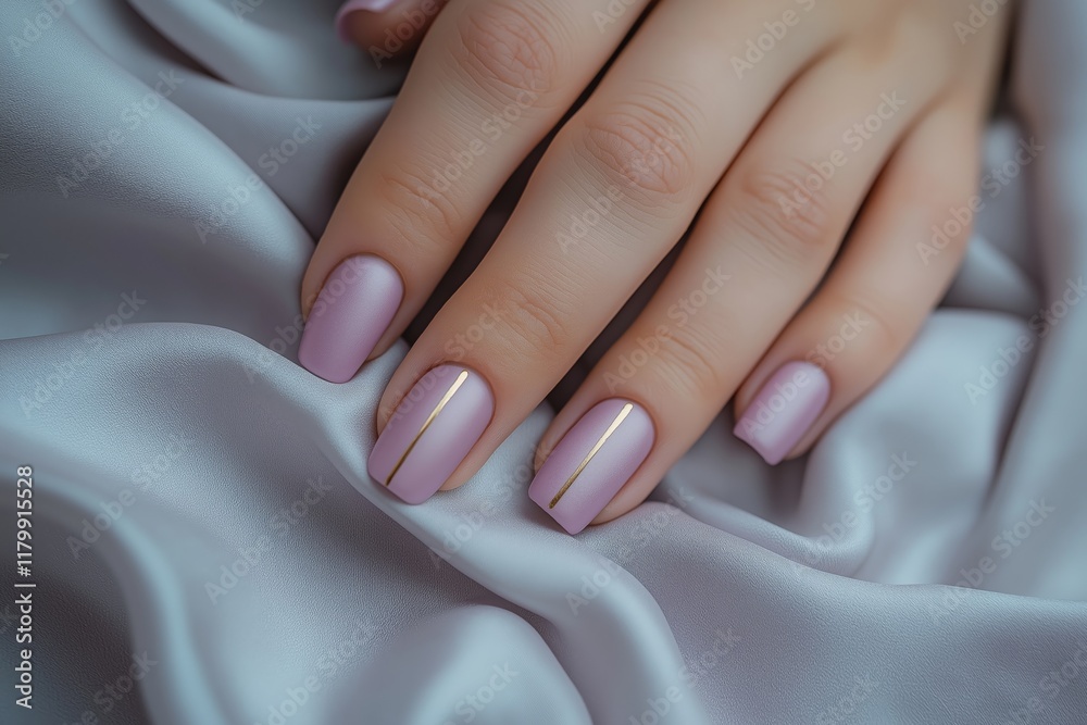 Elegant manicure with light purple polish and gold accent on fabric background Elegant manicure with light purple polish and gold accent on fabric background