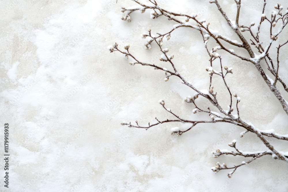 Snow-covered branches with buds rest on a light beige surface, creating a serene winter scene.