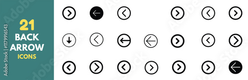 Collection of 21 back arrow icons for UI and UX design. Clean and minimalist back arrow icons. Line style with circular and straight variations.Vector format.