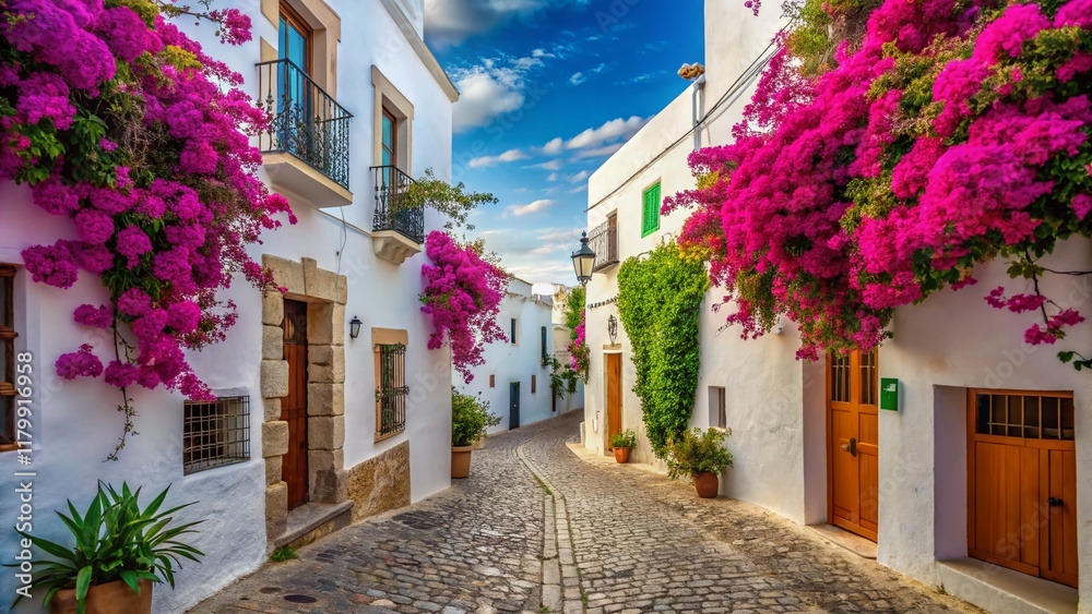 Fototapeta premium Minimalist Ibiza Old Town Architecture: Whitewashed Walls & Cobblestone Streets