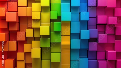 Vibrant Colorful Cube Arrangement Creating a Rainbow Pattern with Eye-Catching 3D Effects for Arts, Design, and Creative Projects