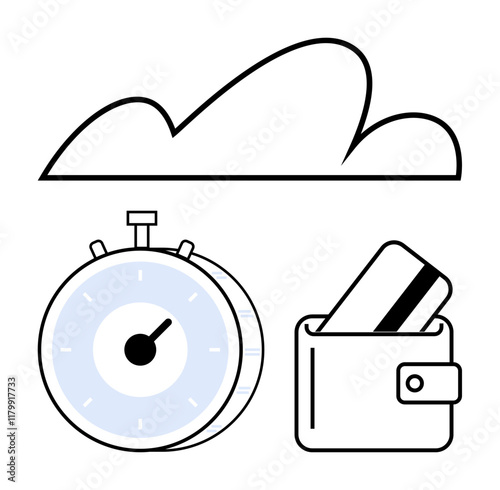 Cloud, stopwatch, and wallet with card emphasize speed, efficiency, and time in fintech. Ideal for banking, fintech, cloud services, digital wallets e-commerce transaction speed abstract line flat