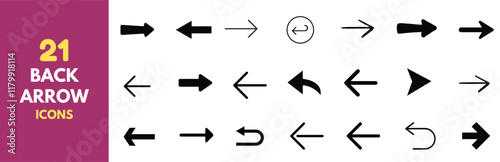 Collection of 21 back arrow icons for UI and UX design. Clean and minimalist back arrow icons. Line style with circular and straight variations.Vector format.